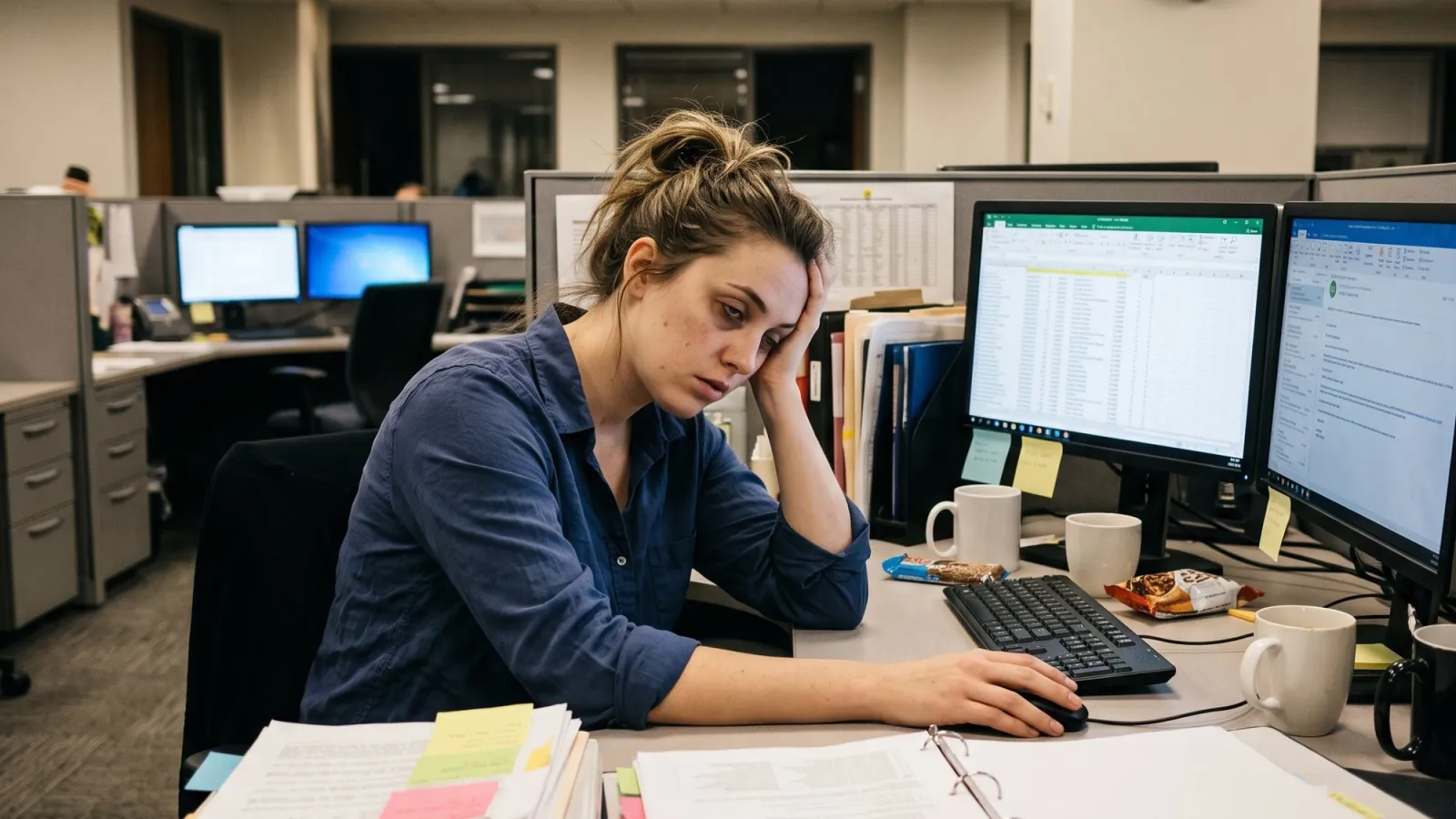 Employée débordée devant ses tableurs dans un bureau